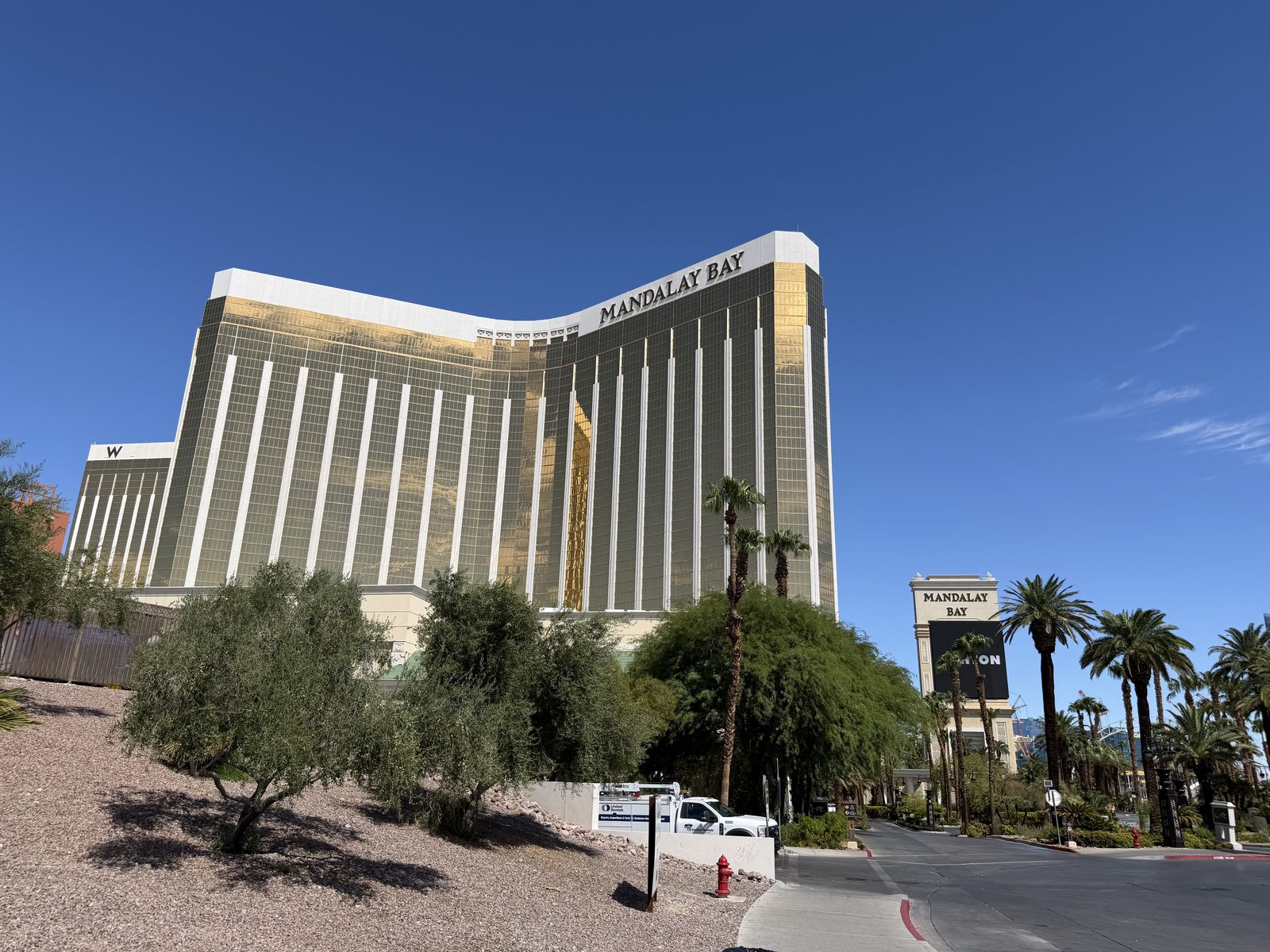 The gold Mandalay Bay resort tower seen from the convention center side of the campus