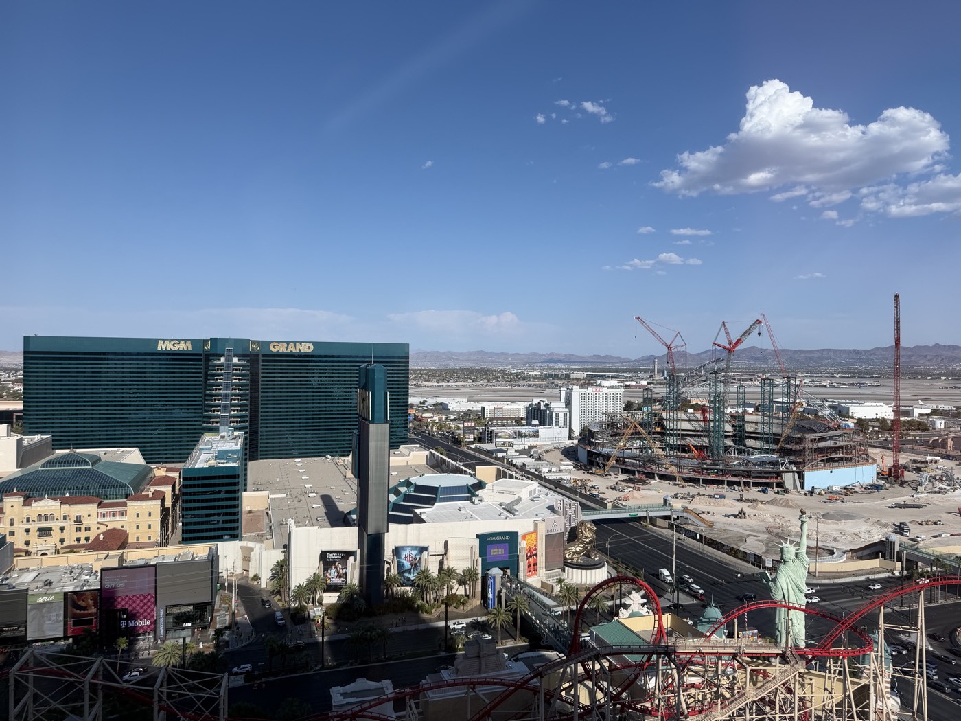 The MGM Grand and the new Las Vegas ballpark under construction on the Strip, August 2026