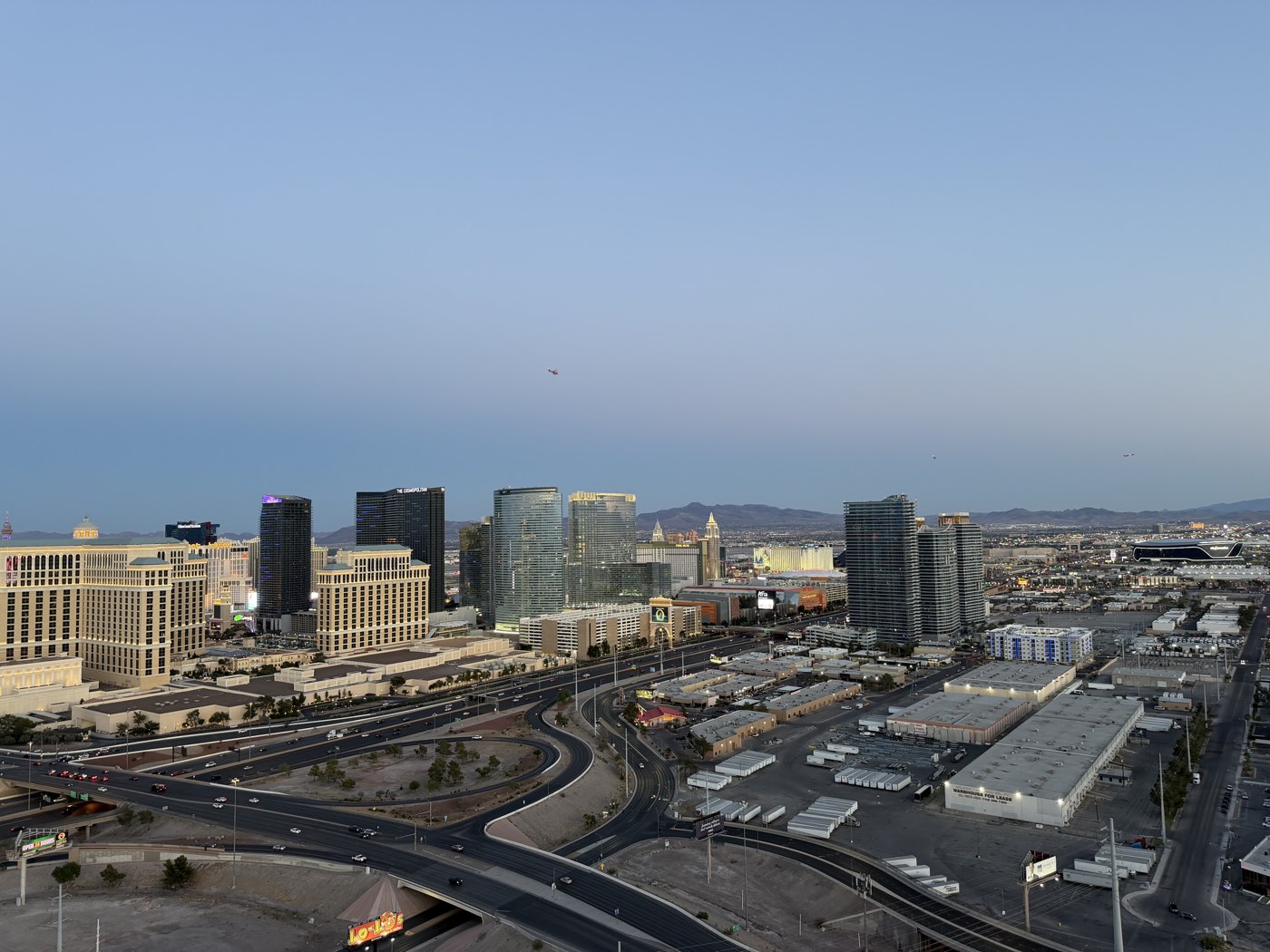 The Las Vegas Strip skyline and valley at dusk