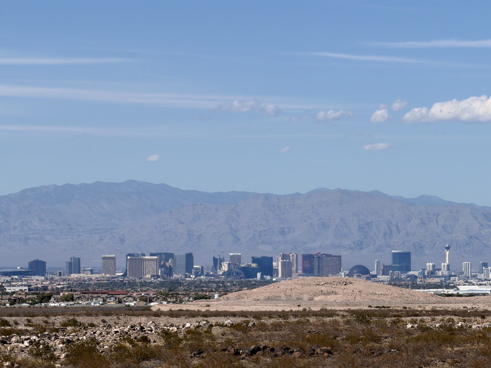 Undeveloped desert land at the southwest edge of Las Vegas with the Strip and Stratosphere on the horizon