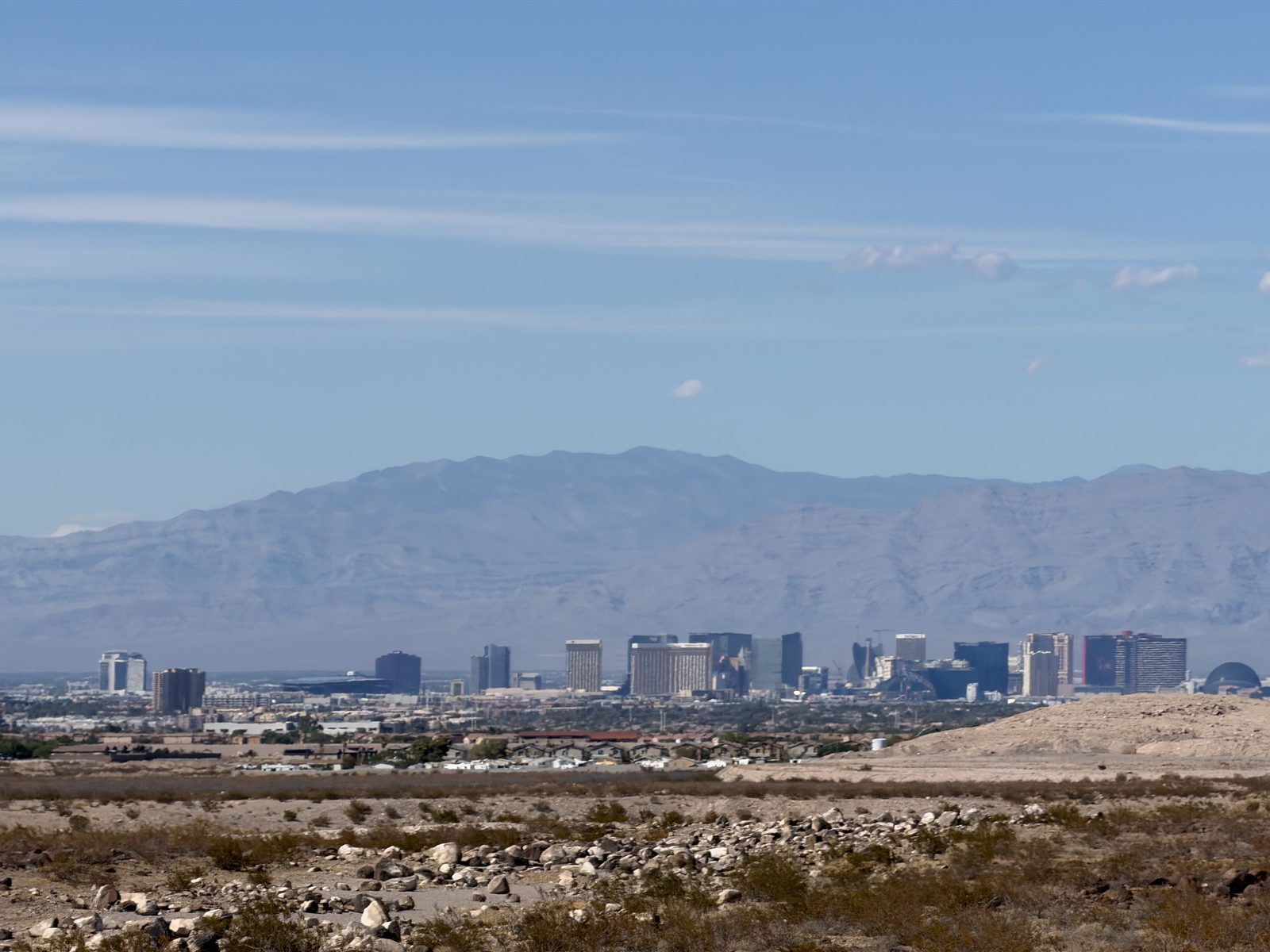 The Las Vegas Strip skyline seen across open undeveloped desert from the southwest edge of the valley