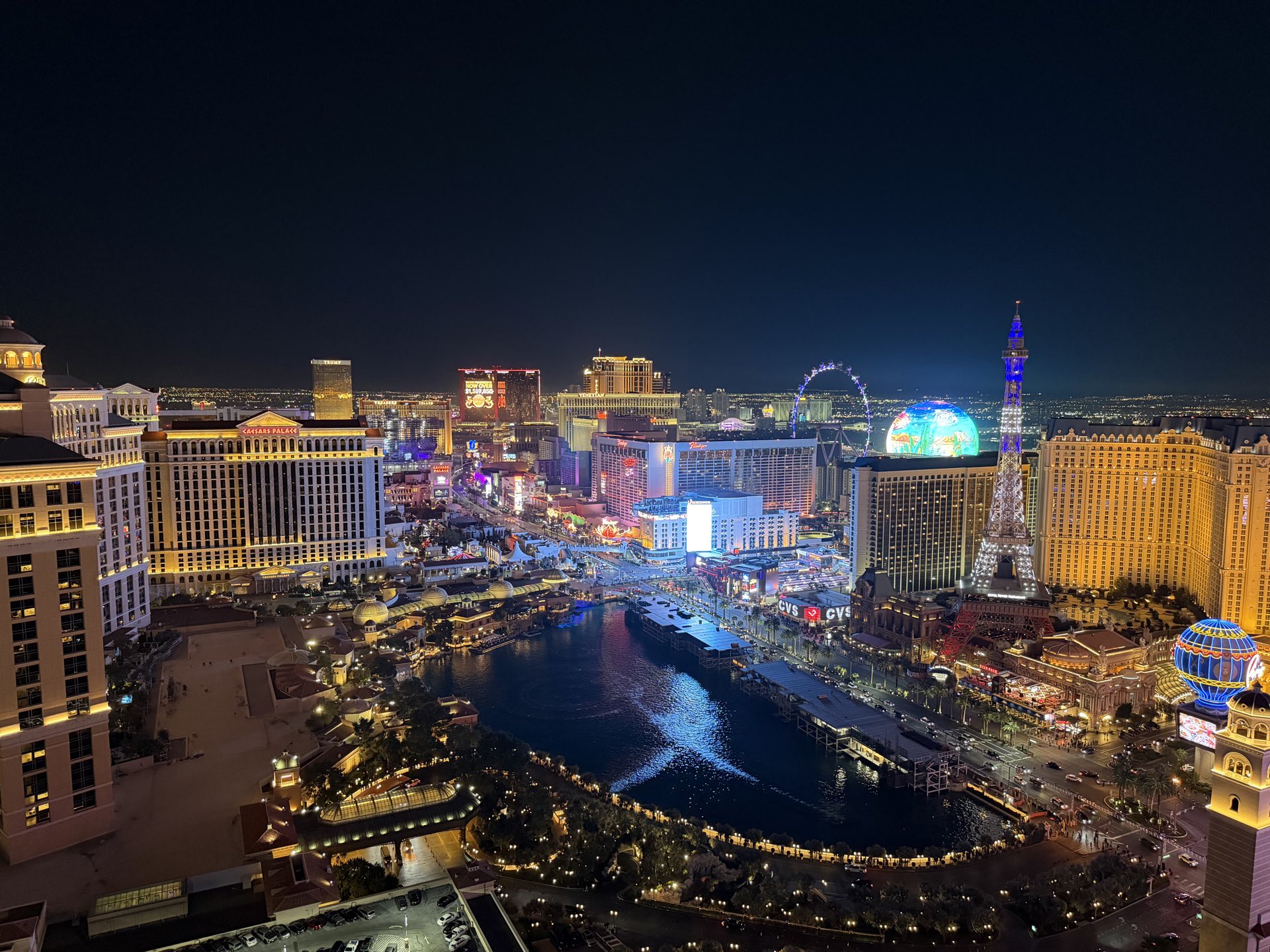 The Las Vegas Strip skyline at night, viewed from above