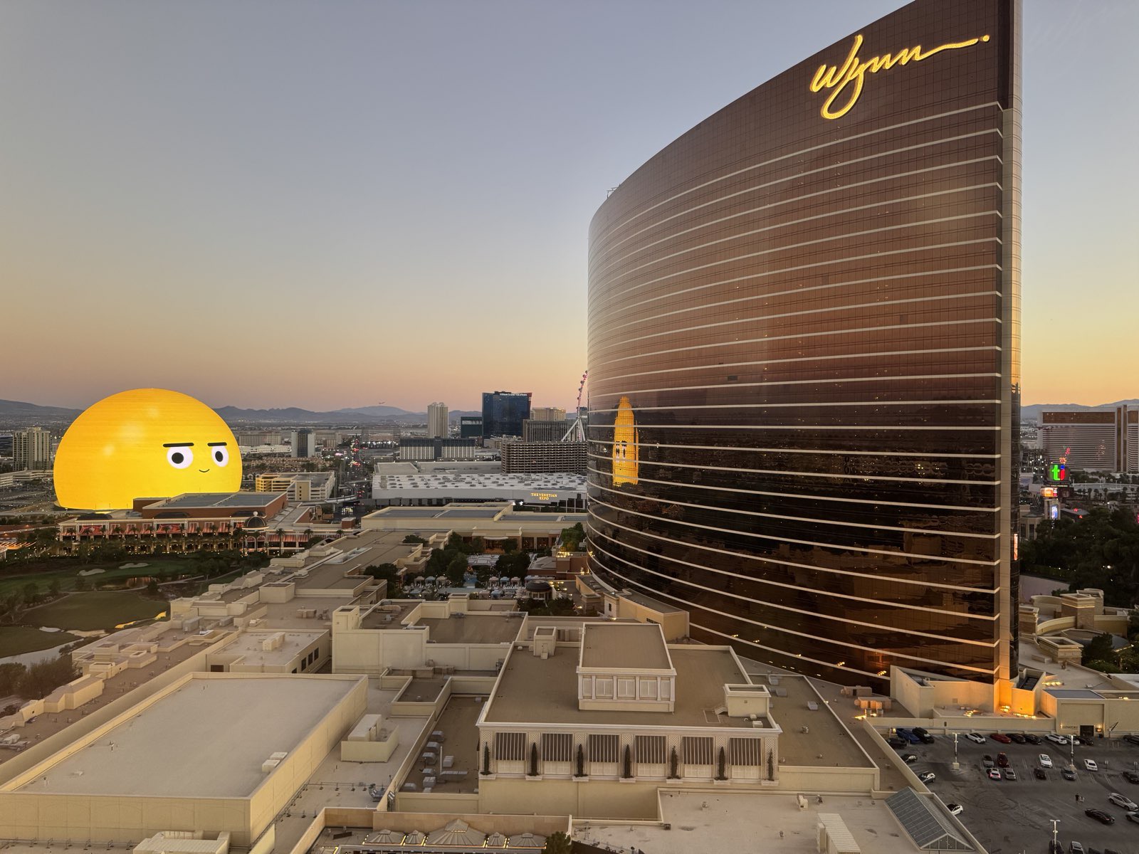 The Sphere lit up at dusk on the Las Vegas Strip