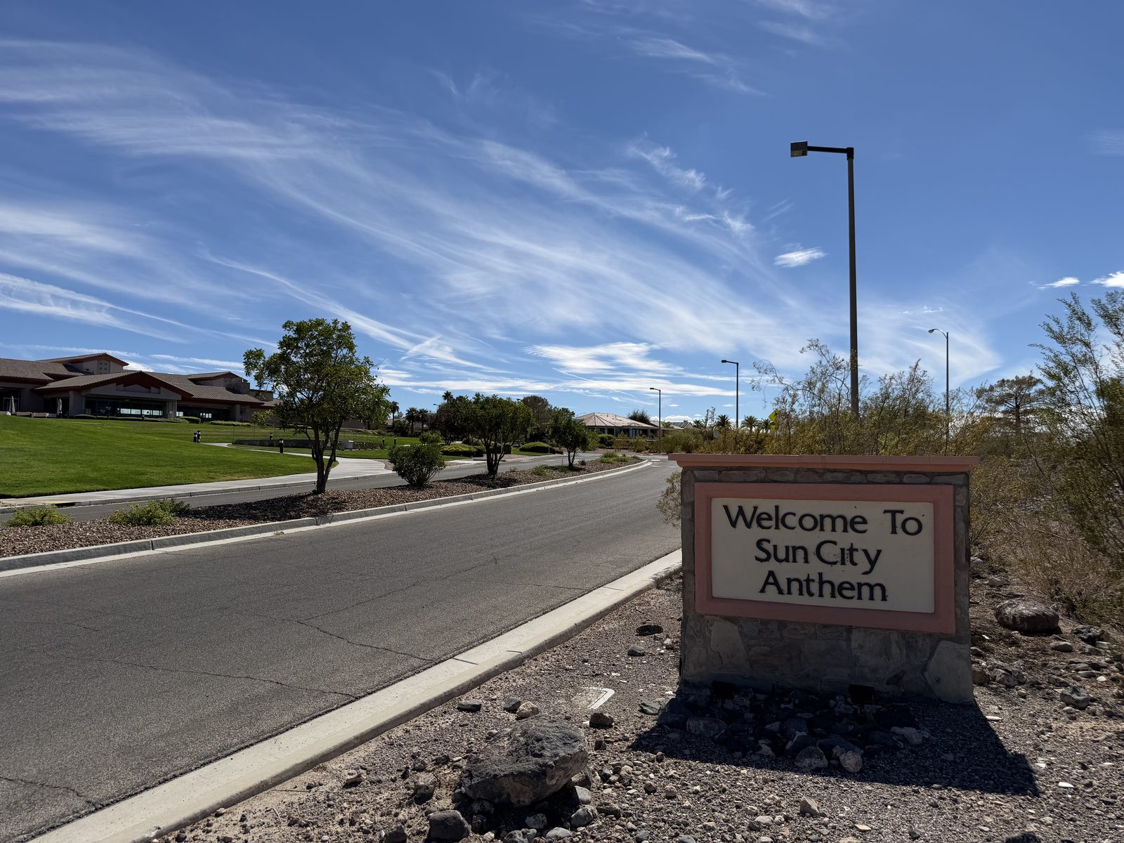 The Welcome To Sun City Anthem monument sign at a community entrance in Henderson, Nevada