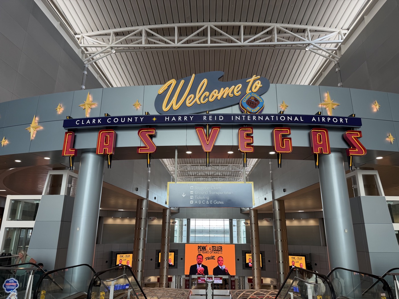 The Welcome to Las Vegas sign in the arrivals hall at Harry Reid International Airport